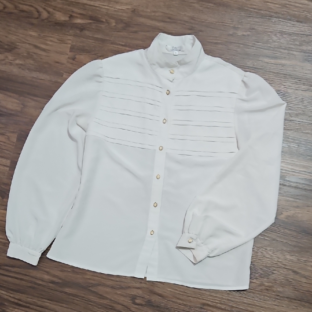 Vintage Planet Cream Button-Up Blouse With Gold Trim Buttons, Size 14